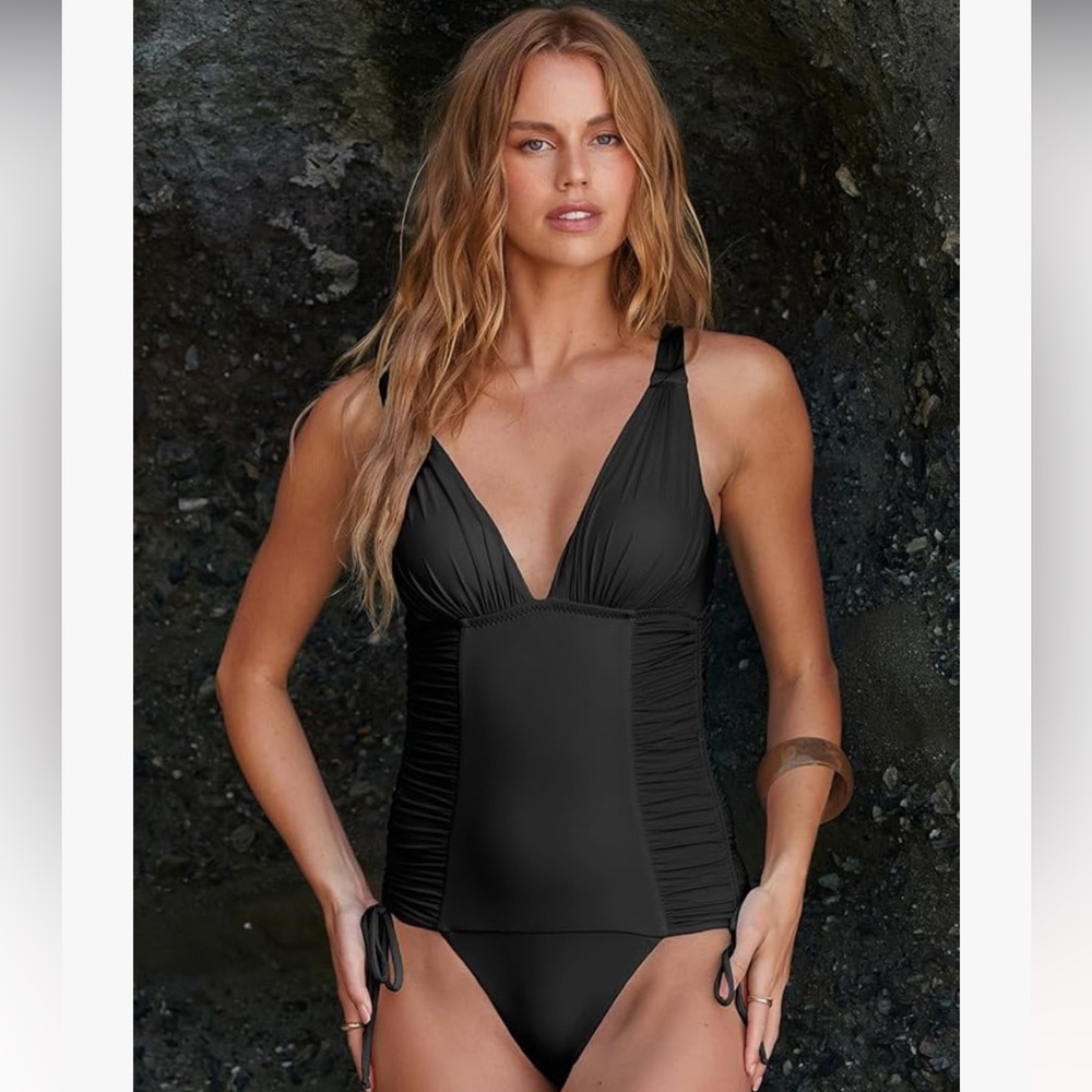 Soluna Women's Black Shirr Delight One Piece Swimsuit, Plunge Neck size Small